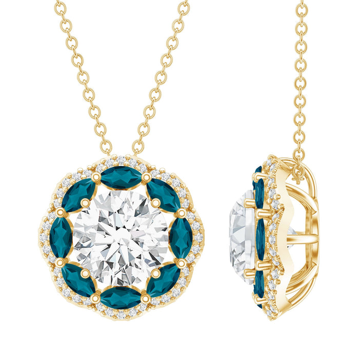 Lab grown diamond halo pendant with 2 carats and London Blue Topaz, crafted by Rosec Jewels, displayed on a necklace.