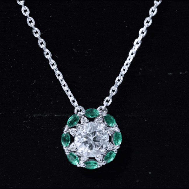 Yellow gold lab-grown diamond bridal necklace with 8mm diamond and emerald accents, crafted by Rosec Jewels.