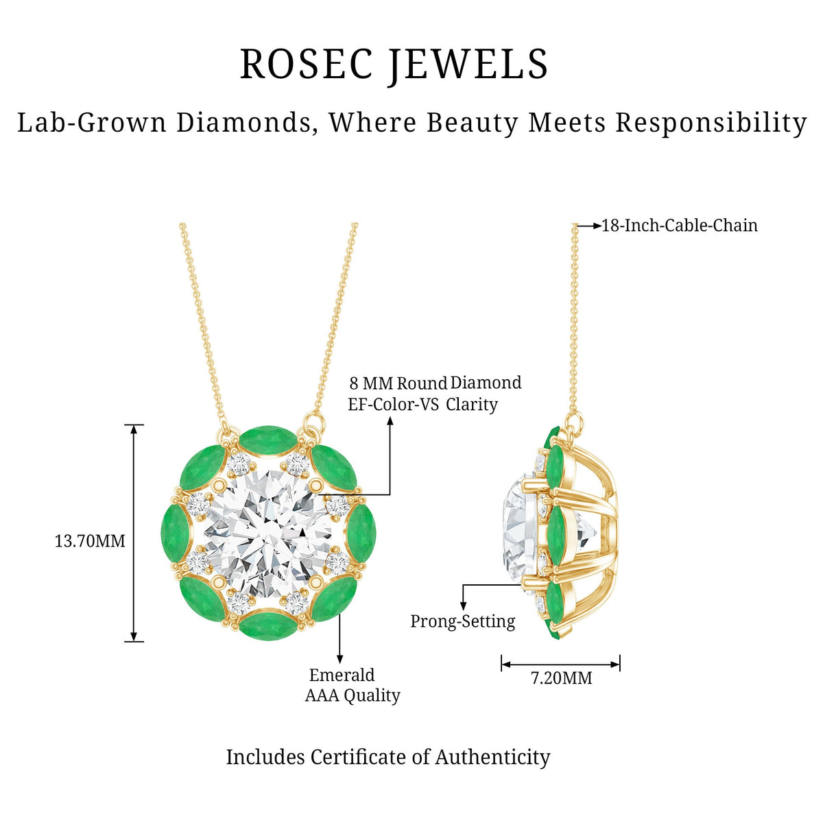 8 MM Lab Grown Diamond Bridal Necklace With Emerald