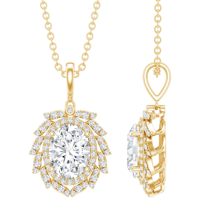Oval lab-grown diamond vintage pendant with double halo, showcasing a 1.2-carat center stone and intricate detailing by Rosec Jewels.