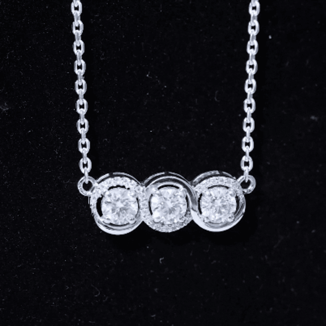 Yellow gold 3 stone lab-grown diamond pendant necklace for women by Rosec Jewels, featuring a elegant and sparkling design.