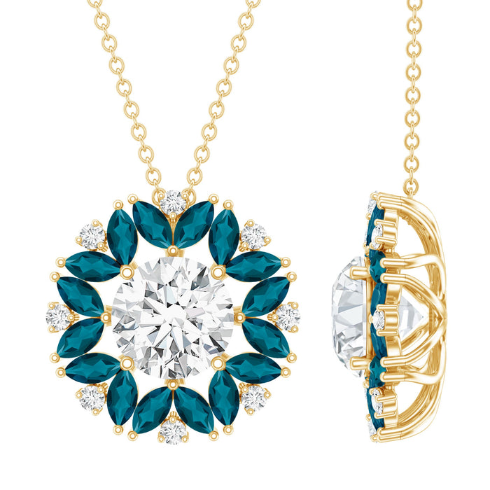 Lab grown diamond cocktail pendant with 2 carats and London Blue Topaz, featuring a Rosec Jewels pendant design.