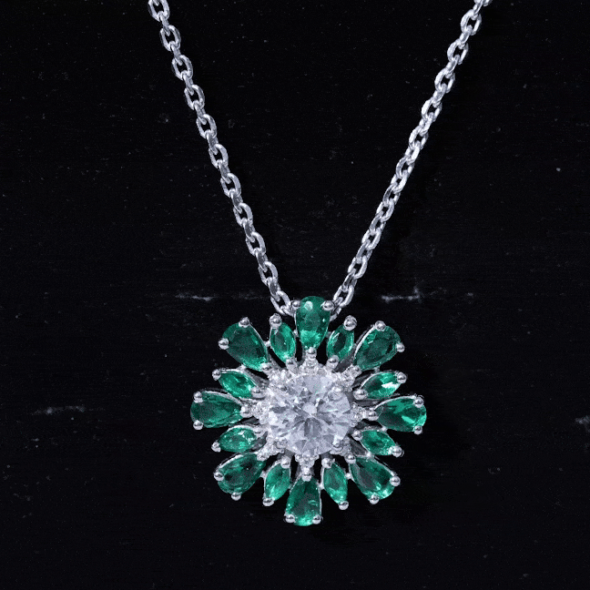 Yellow gold pendant necklace featuring a 7mm lab-grown diamond and emerald accent by Rosec Jewels.