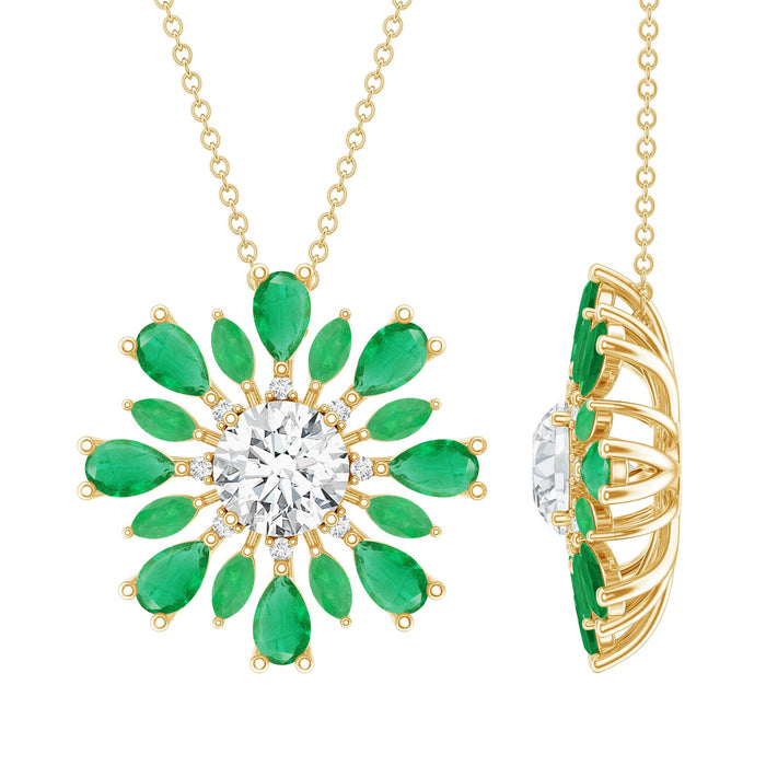 Rosec Jewels Certified 7mm lab-grown diamond pendant necklace with emerald, featuring a sparkling diamond and vibrant green gemstone.