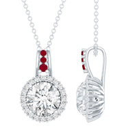 Certified MM Lab Grown Diamond Halo Necklace With Ruby Accent Bail