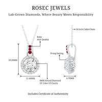 Certified MM Lab Grown Diamond Halo Necklace With Ruby Accent Bail