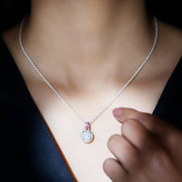 Certified MM Lab Grown Diamond Halo Necklace With Ruby Accent Bail