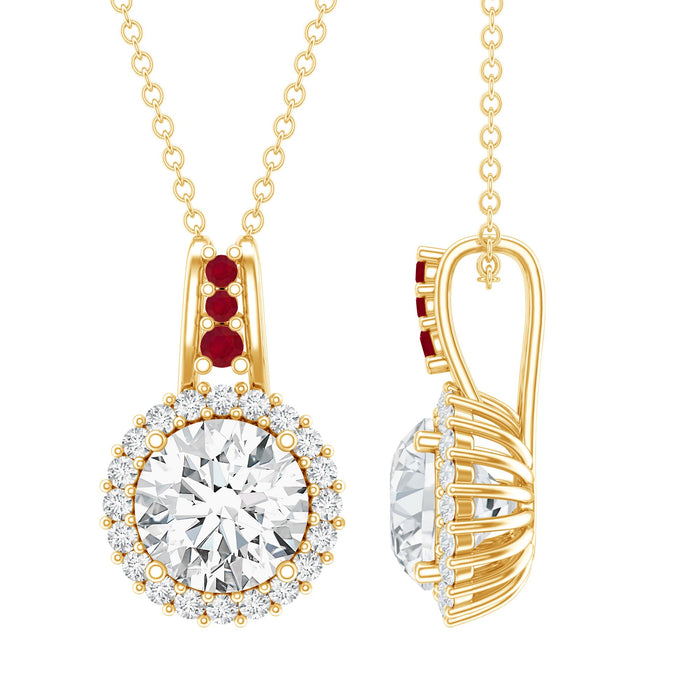 Rosec Jewels certified lab-grown diamond halo pendant with ruby accent bail, featuring sparkling diamonds and vibrant ruby detail.