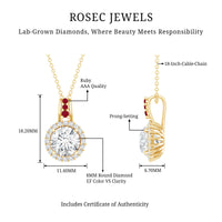 Certified MM Lab Grown Diamond Halo Necklace With Ruby Accent Bail