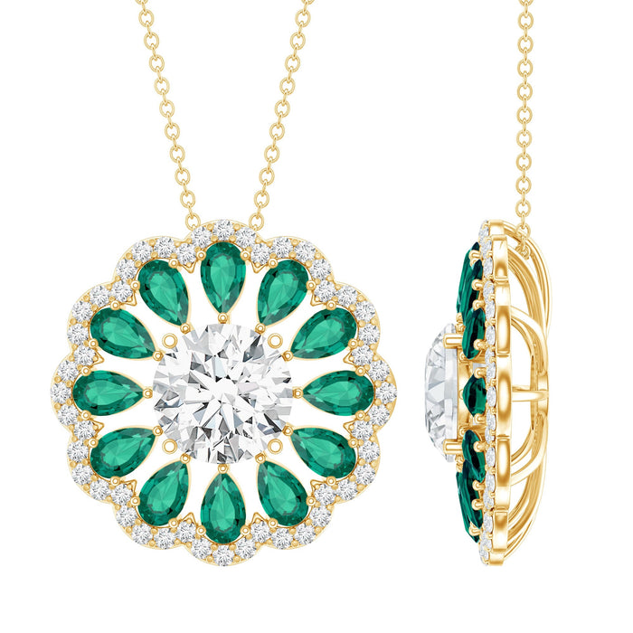 Lab grown diamond flower bridal pendant with 3 carat diamond and emerald accents by Rosec Jewels, showcasing elegant jewelry design.