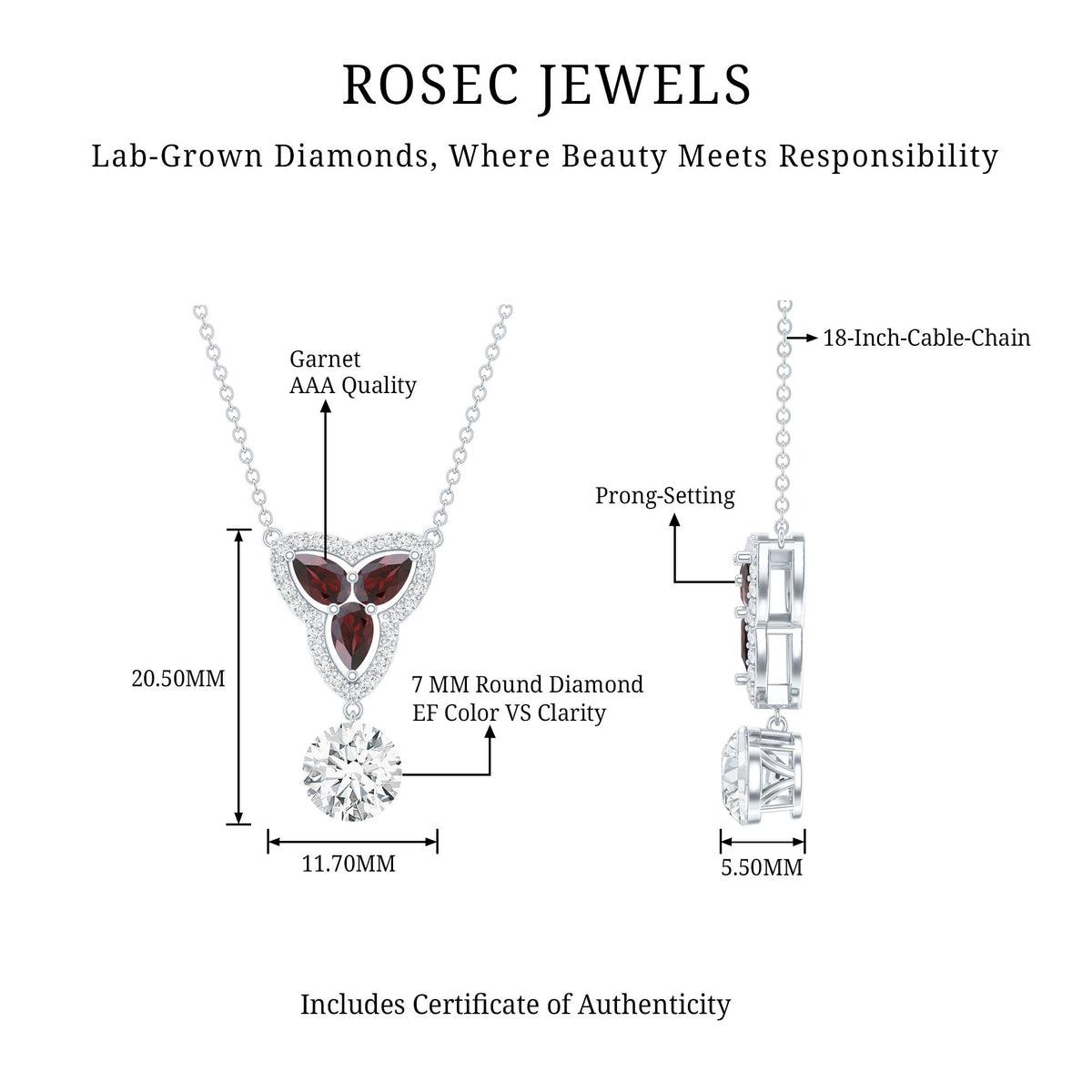 1 Carat Lab Grown Diamond Dangle Necklace With Garnet