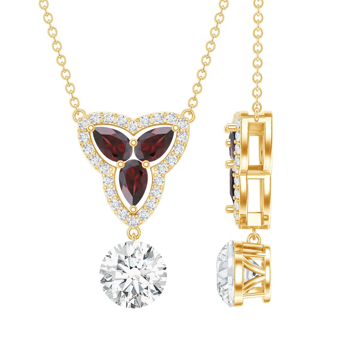 Lab grown diamond and garnet pendant necklace with dangle design by Rosec Jewels featuring a 1-carat diamond.