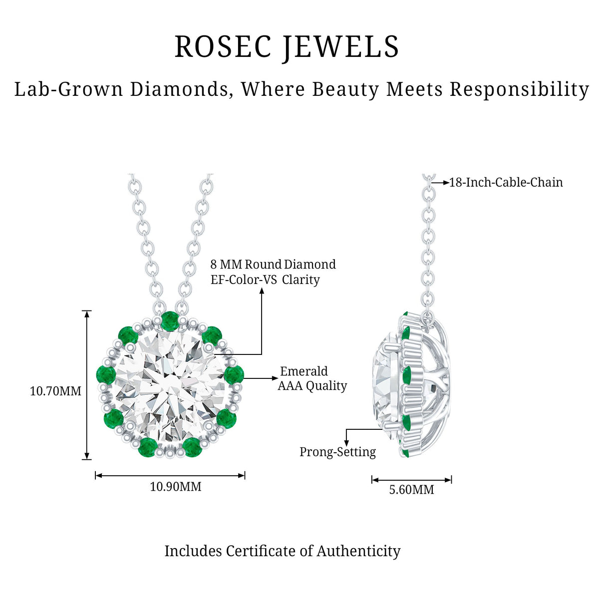 Certified Lab 8 MM Round Diamond Halo Necklace With Emerald