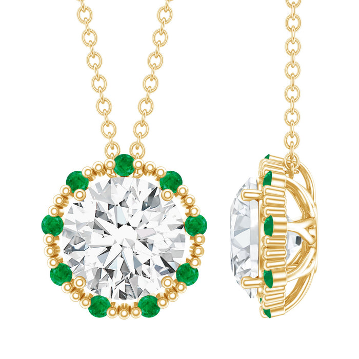 Round diamond halo pendant with emerald, certified lab-grown 8mm diamond, by Rosec Jewels, showcasing elegant jewelry design.