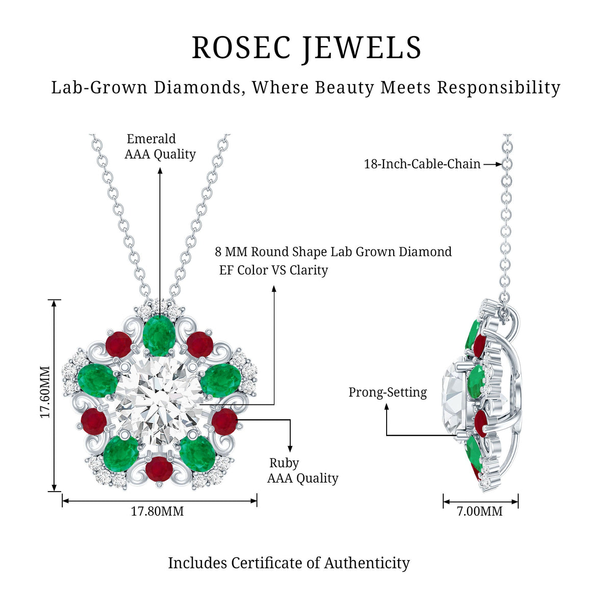 Lab Grown Diamond Cocktail Necklace With Emerald Ruby