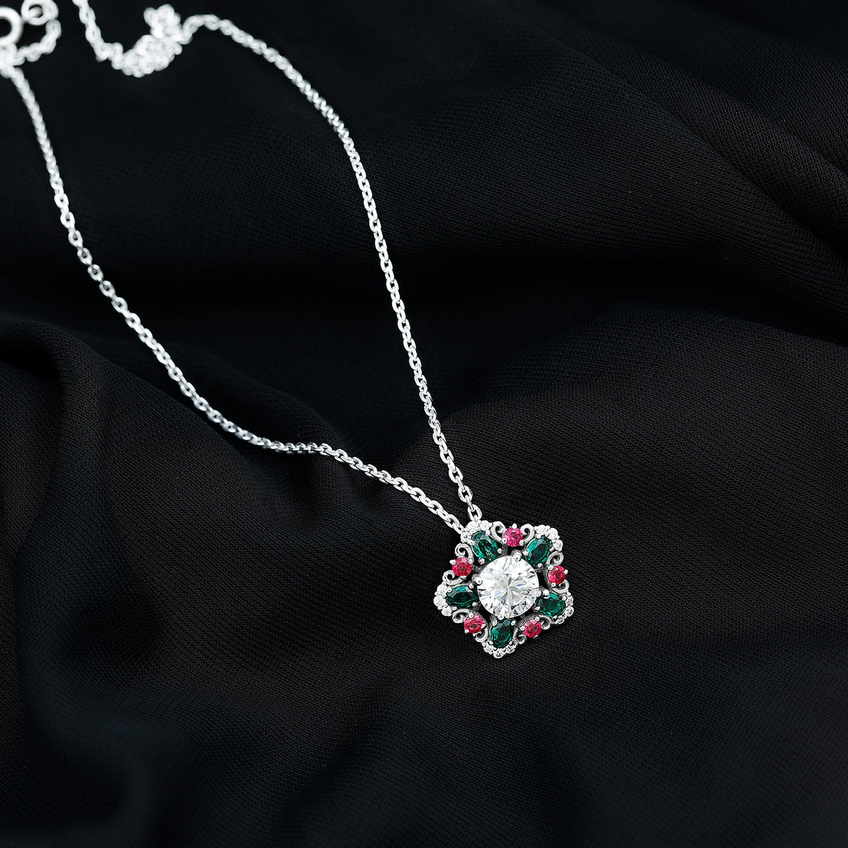 Lab Grown Diamond Cocktail Necklace With Emerald Ruby