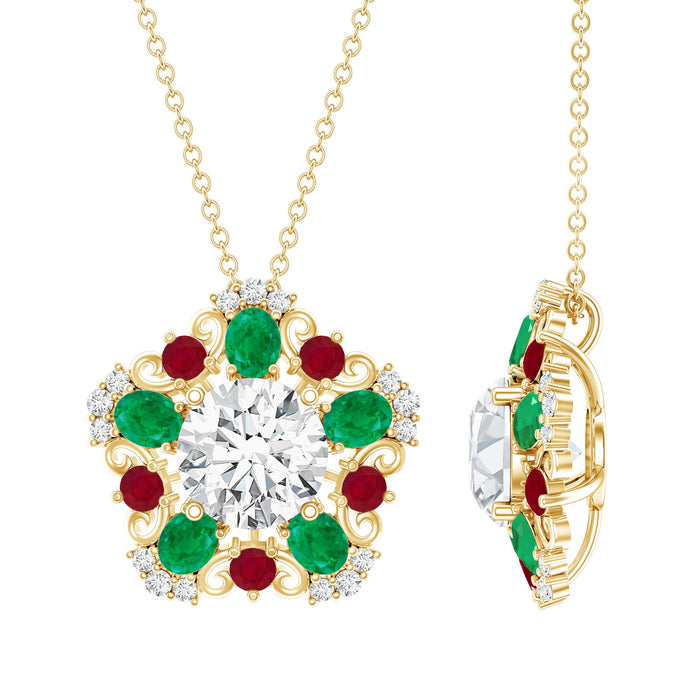 Rosec Jewels lab-grown diamond cocktail pendant with emerald and ruby accents, featuring a sparkling elegant jewelry design.