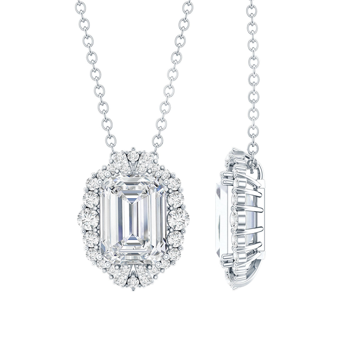 Certified 6X8 MM Emerald Cut Lab Grown Diamond Statement Necklace With Halo