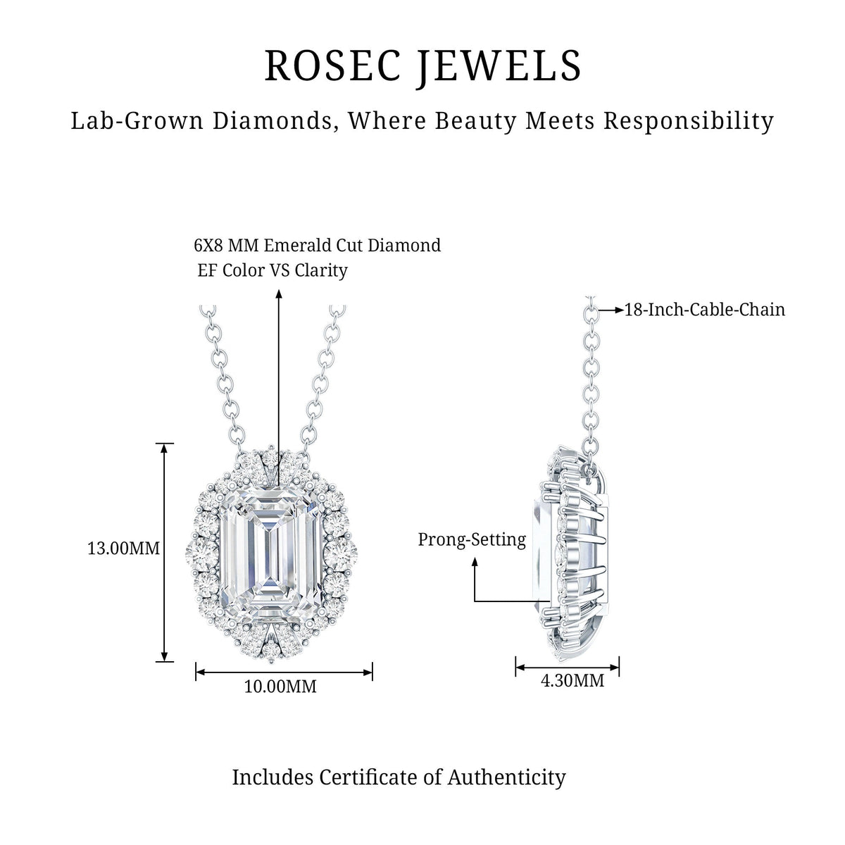 Certified 6X8 MM Emerald Cut Lab Grown Diamond Statement Necklace With Halo