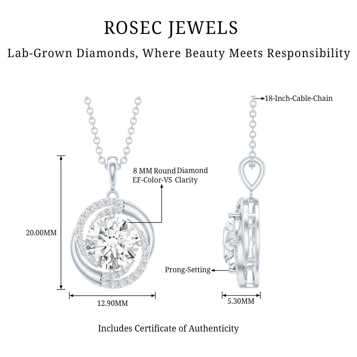 Prong Set 8 MM Round Lab Grown Diamond Swirl Pendant Necklace