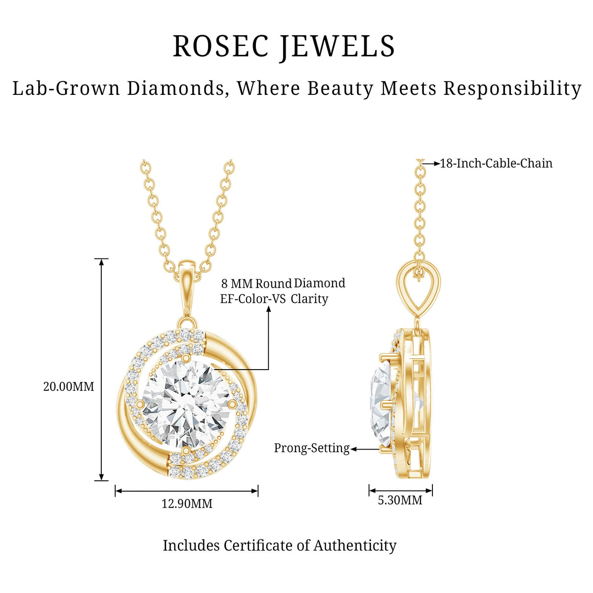 Prong Set 8 MM Round Lab Grown Diamond Swirl Pendant Necklace