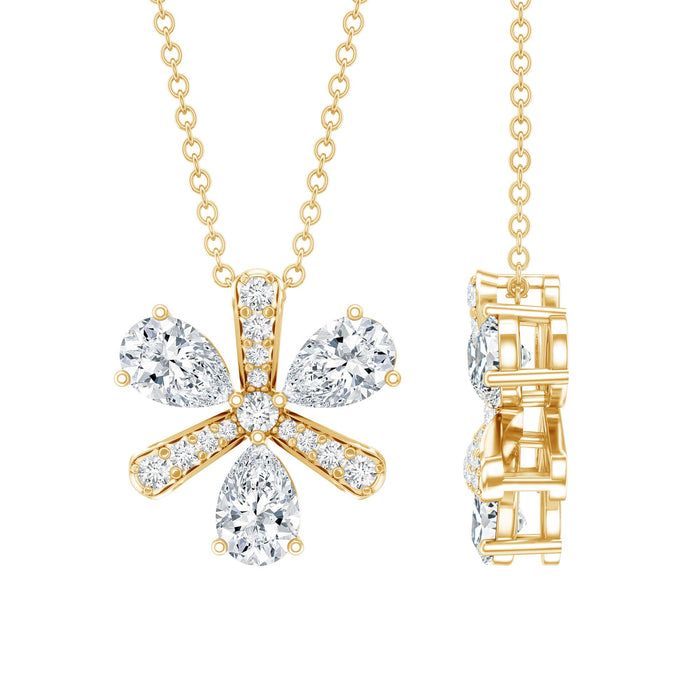 Pear-shaped lab grown diamond flower pendant necklace by Rosec Jewels featuring a sparkling flower design.