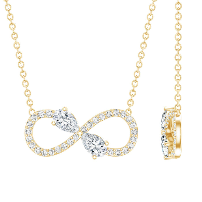 Lab grown diamond teardrop pendant necklace with forever knot design by Rosec Jewels, showcasing a sparkling pendant on a delicate chain.