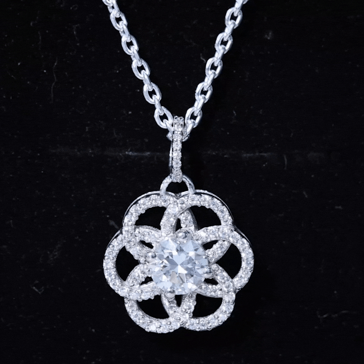 Yellow gold pendant necklace featuring a round diamond flower design from Rosec Jewels Lab 6 MM bridal collection