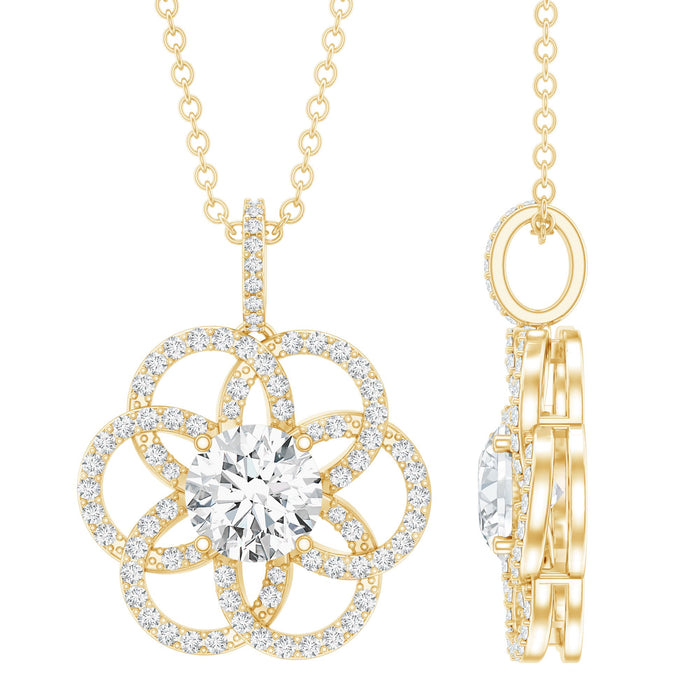 Round diamond flower pendant necklace from Rosec Jewels with a delicate chain and sparkling floral design.