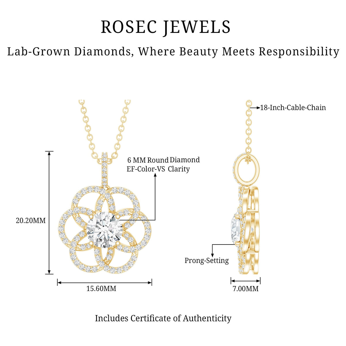 Lab 6 MM Round Diamond Flower Bridal Necklace