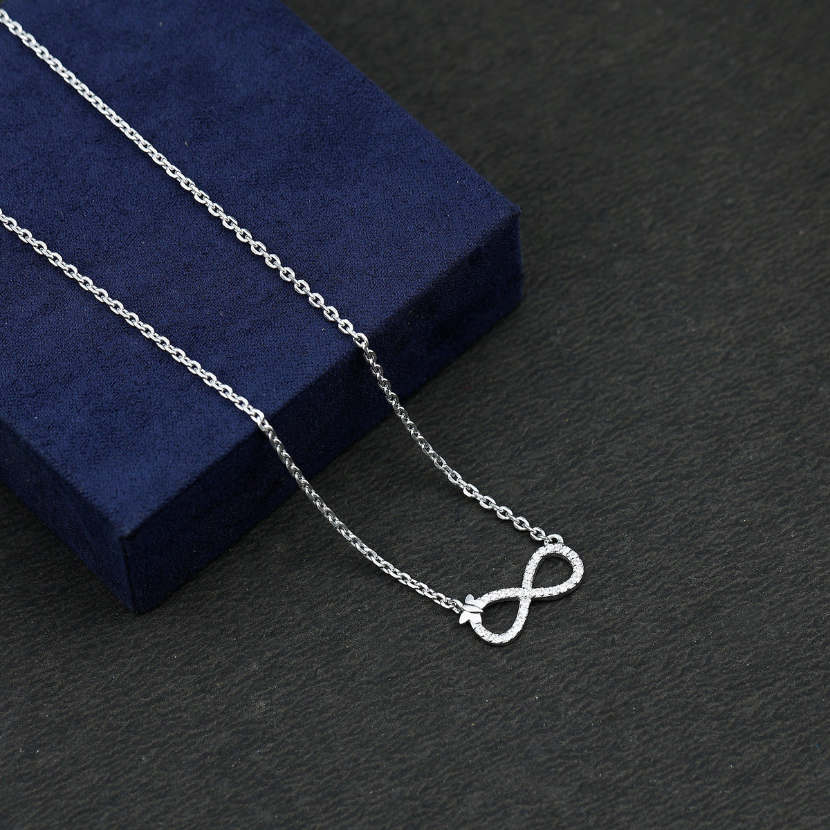 Lab Pave Set Diamond Sideways Infinity Butterfly Necklace