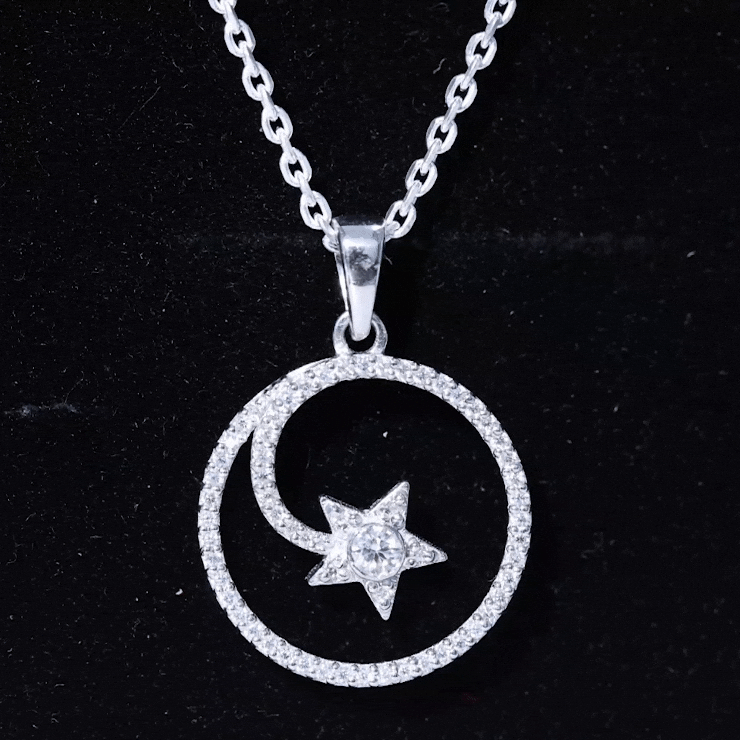 Yellow gold lab-grown diamond open circle pendant with star design by Rosec Jewels, showcasing elegant jewelry craftsmanship.