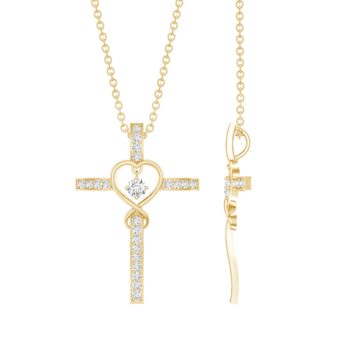Lab grown diamond cross heart pendant from Rosec Jewels featuring a sparkling, elegant design with intricate detailing.