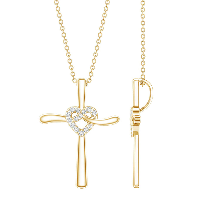 Lab grown diamond Catholic cross and heart pendant necklace by Rosec Jewels featuring sparkling gemstones and intricate design.