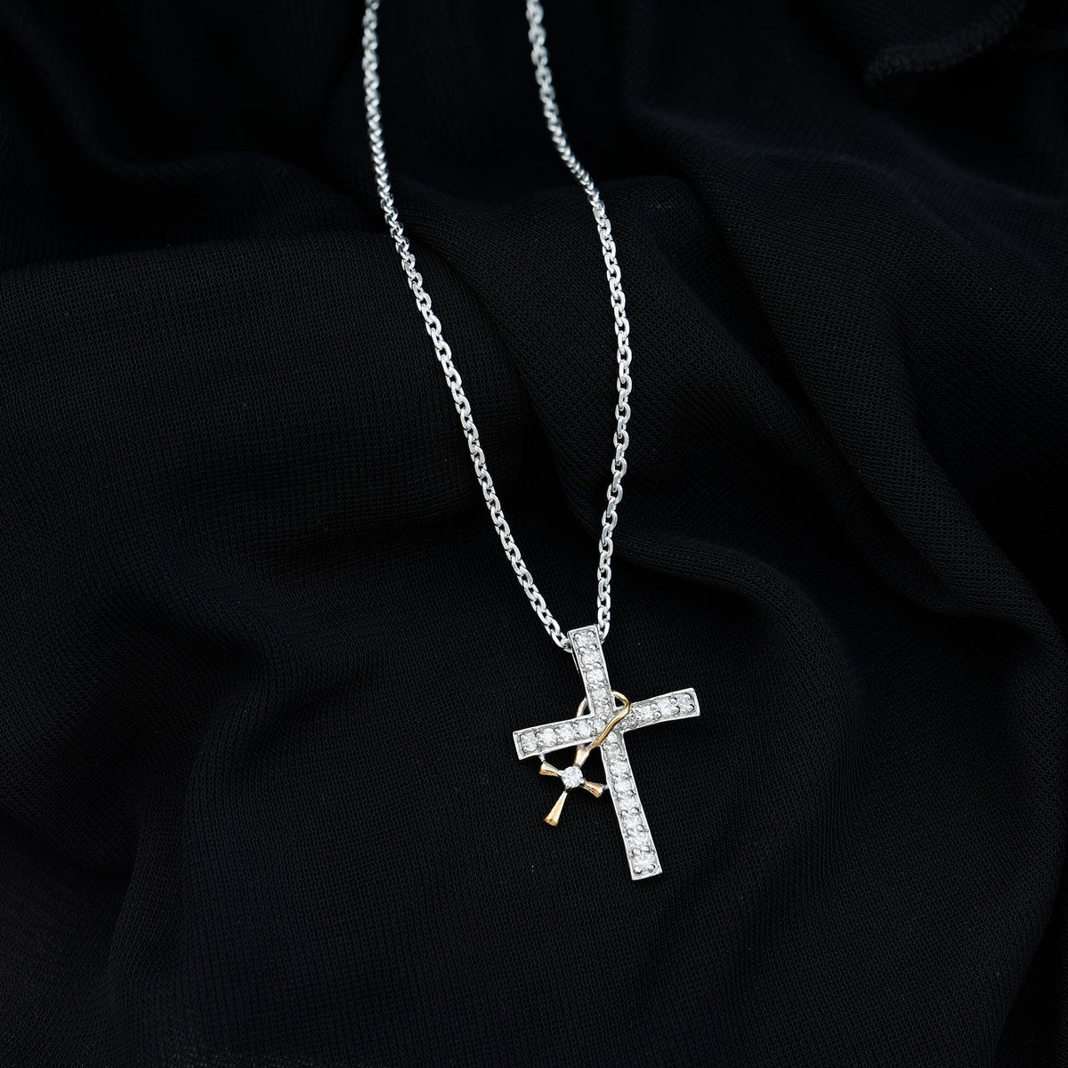 Pave Set Lab Grown Diamond Double Cross Charm Necklace
