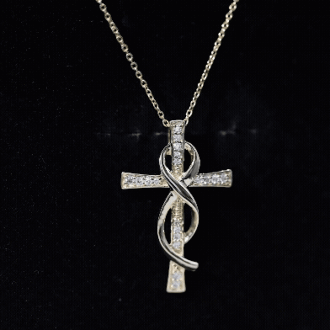 Yellow gold pendant necklace with a cross and infinity design featuring lab-grown diamond accents by Rosec Jewels.
