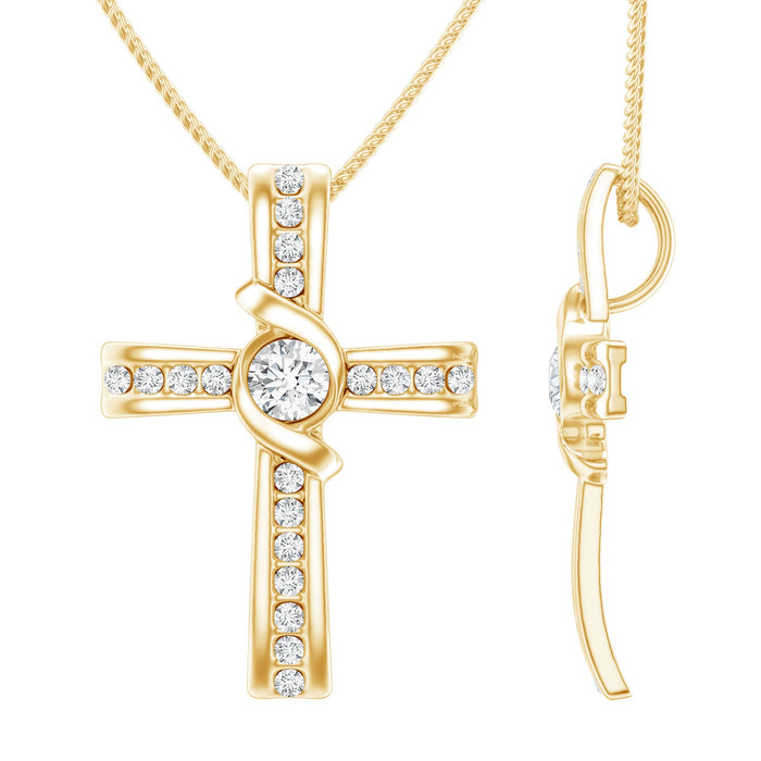 Bezel set lab-grown diamond cross pendant necklace by Rosec Jewels featuring sparkling diamonds on a silver chain.