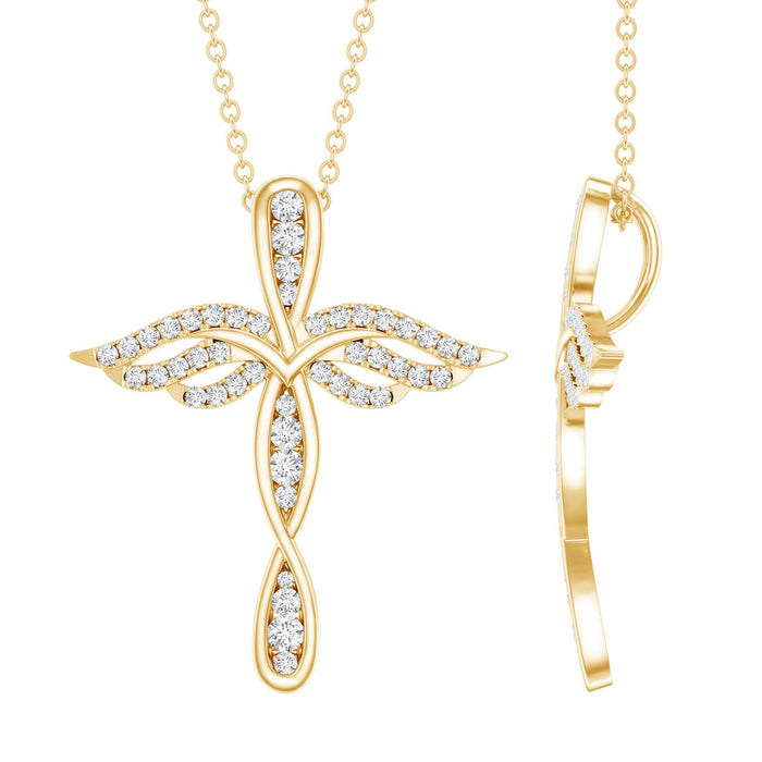 Lab grown diamond cross angel pendant with prong setting by Rosec Jewels, featuring sparkling diamonds on a delicate chain.