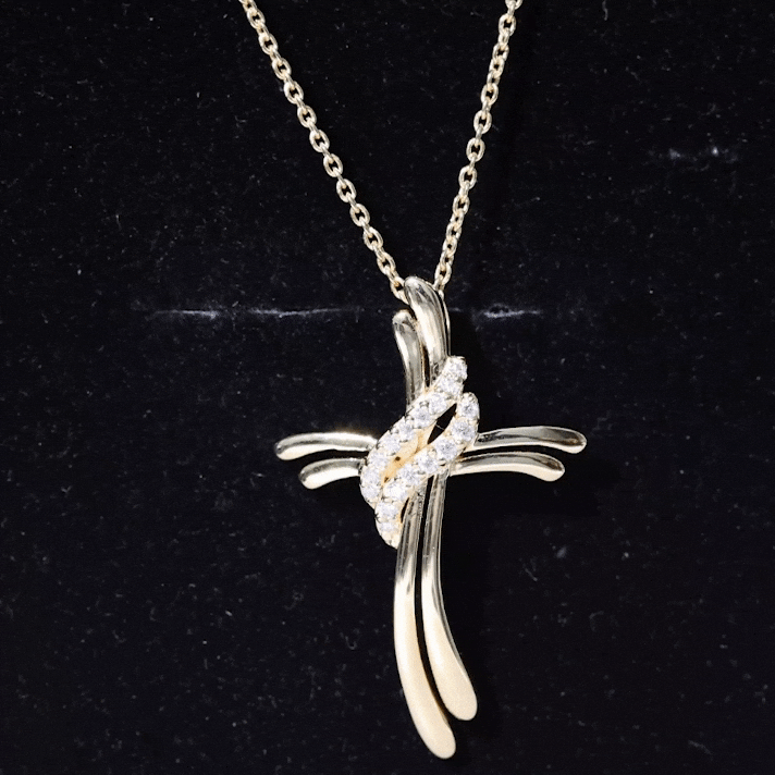 Lab grown diamond Catholic cross pendant by Rosec Jewels featuring a yellow design with sparkling diamonds.