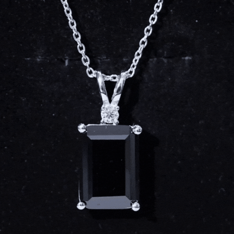 Lab-grown black diamond pendant necklace with 9-carat emerald cut black diamond in silver setting, from Rosec Jewels.