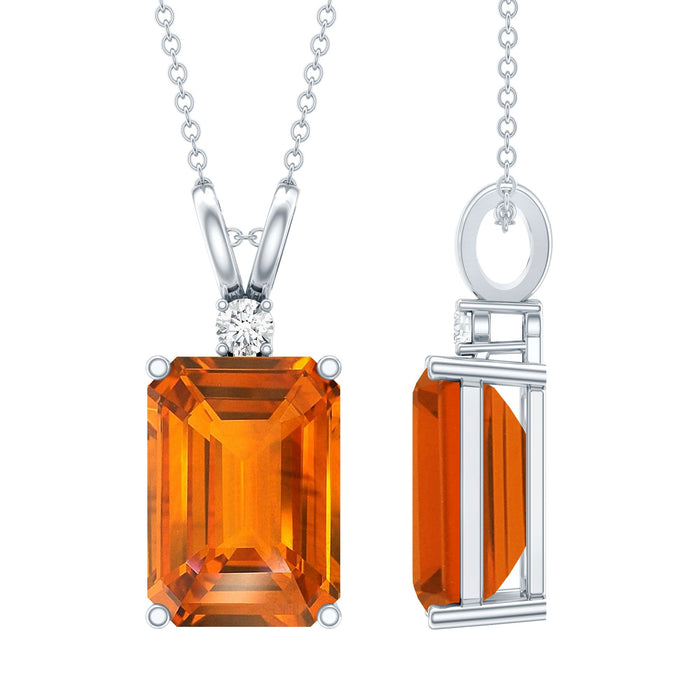 Orange sapphire pendant with emerald cut, set on a silver chain, from Rosec Jewels in a certified 9-carat lab-grown gemstone.