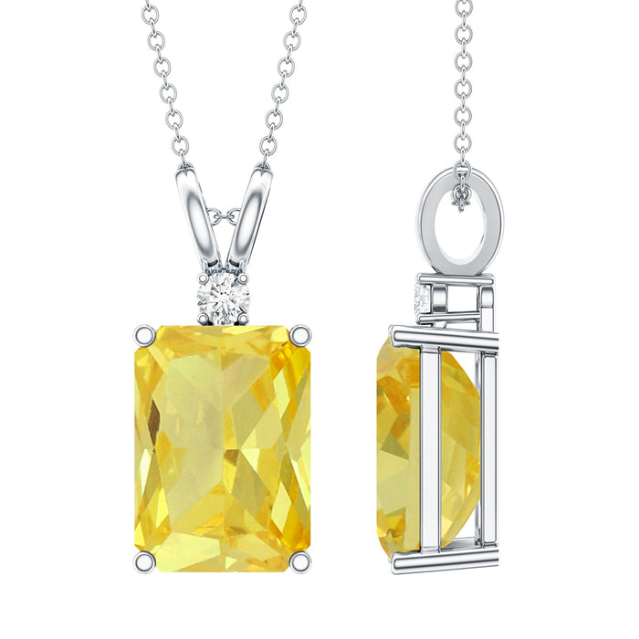 Yellow sapphire pendant with emerald cut by Rosec Jewels on a silver chain, showcasing a 9-carat lab-grown gemstone.