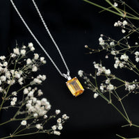 9 Carat Lab Grown Yellow Sapphire Emerald Cut Necklace With Silver Chain