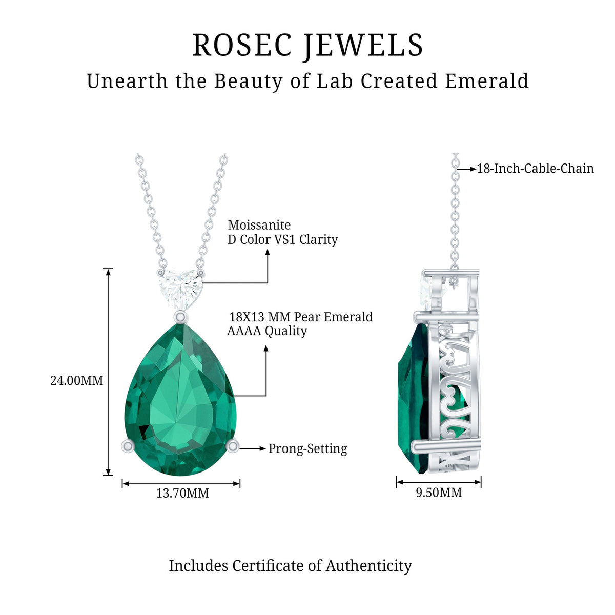 9-carat lab-grown emerald pendant necklace with chain by Rosec Jewels, featuring a vibrant green emerald gemstone.