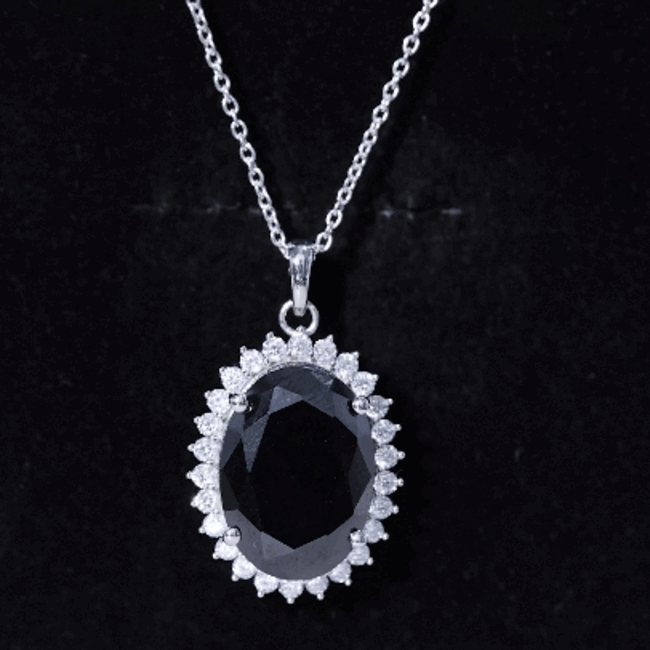 Oval black lab-grown diamond pendant on a silver chain, Certified 14 carat cocktail necklace by Rosec Jewels