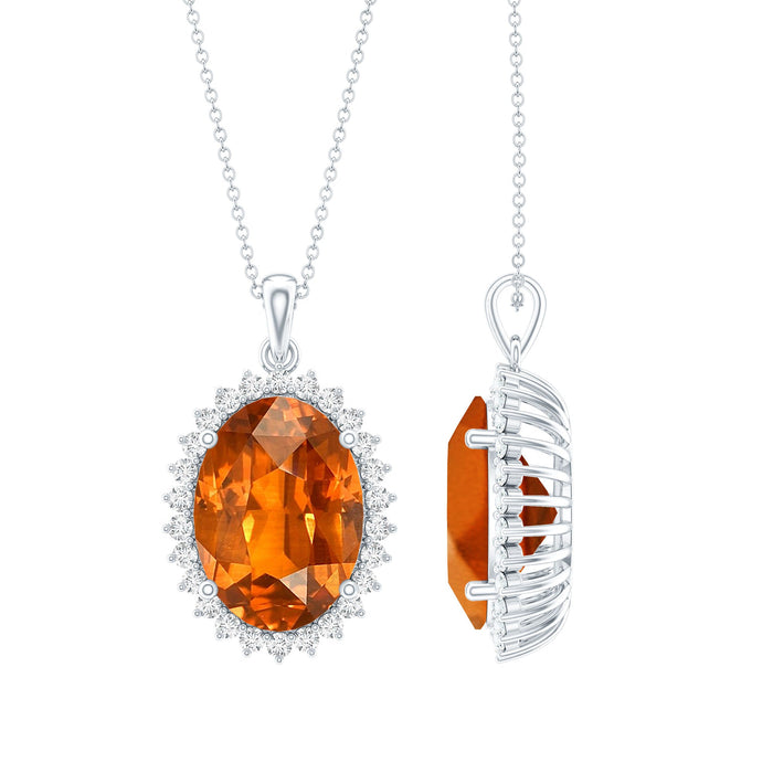 14 carat lab-grown orange sapphire pendant necklace with silver chain from Rosec Jewels, featuring a vibrant orange gemstone.