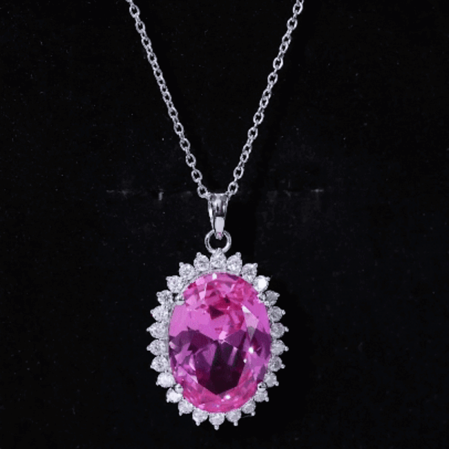 Elegant bridal pendant featuring a certified 14 carat lab pink sapphire on a silver chain from Rosec Jewels.