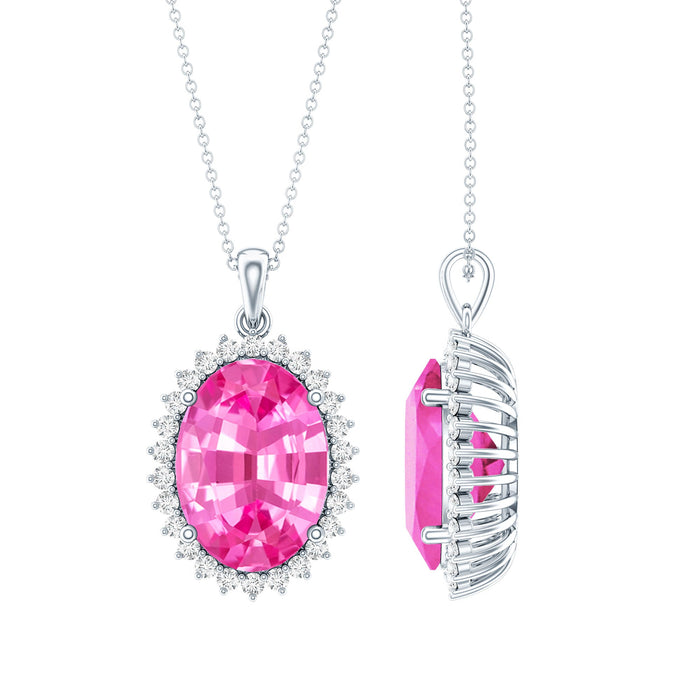 Elegant bridal necklace featuring a certified 14-carat lab pink sapphire pendant with a silver chain by Rosec Jewels.