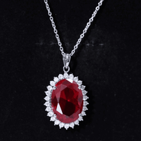 Sterling Silver 14 carat Lab Grown Ruby Oval Necklace with Halo