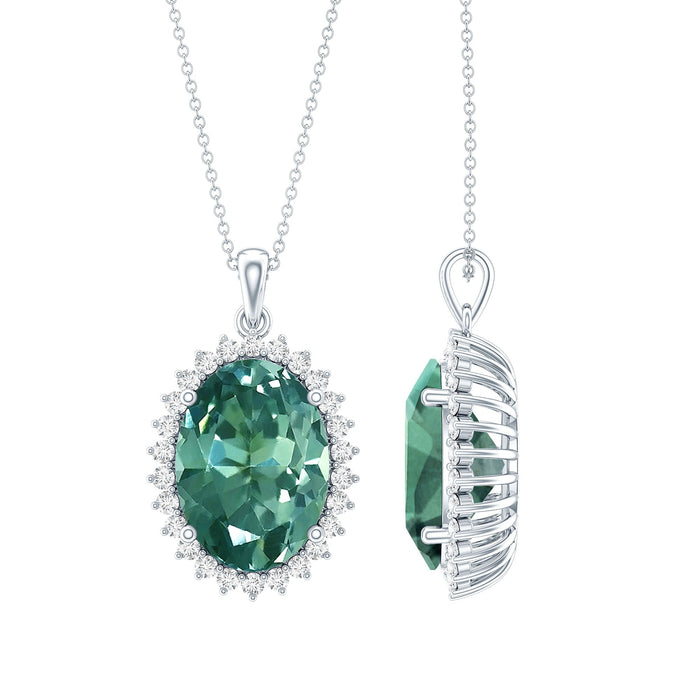 14 carat lab-grown green sapphire pendant necklace with silver chain from Rosec Jewels, featuring a striking statement gemstone.